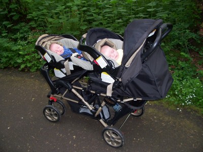 [Babies in stroller in the forest]